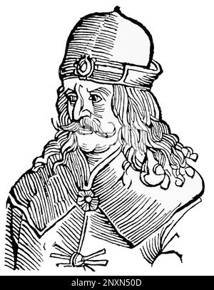 Vlad III, allgemein bekannt als Vlad der Pfähler oder Vlad Dracula (1428/31 ,Ai 1476/77), war dreimal die Woiwode von Walachien. Er gilt oft als einer der wichtigsten Herrscher in der wallachianischen Geschichte und als Nationalheld Rumäniens. Berüchtigt für seine Grausamkeit inspirierte sein Gönner den Namen von Bram Stokers literarischem Vampir, Graf Dracula. Abbildung nach Gravur aus dem 16. Jahrhundert. Stockfoto