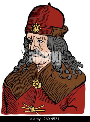 Vlad III, allgemein bekannt als Vlad der Pfähler oder Vlad Dracula (1428/31 ,Ai 1476/77), war dreimal die Woiwode von Walachien. Er gilt oft als einer der wichtigsten Herrscher in der wallachianischen Geschichte und als Nationalheld Rumäniens. Berüchtigt für seine Grausamkeit inspirierte sein Gönner den Namen von Bram Stokers literarischem Vampir, Graf Dracula. Abbildung nach Gravur aus dem 16. Jahrhundert. Gefärbt. Stockfoto