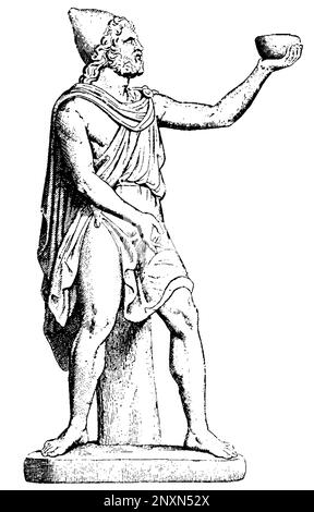 Odysseus bietet den Zyklopen Wein an. Antike Statue im Vatikan, Rom. Abbildung, 1914. Stockfoto