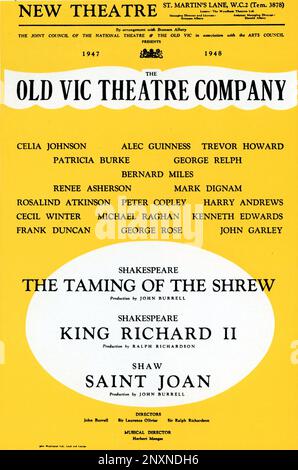 Playbill entworfen von S. JOHN WOODS für CELIA JOHNSON ALEC GUINNESS TREVOR HOWARD BERNARD MILES und RENEE ASHERSON in der Old Vic Theatre Company London Staffel der Stücke in Repertory 1947 - 1948 im New Theatre, London, bestehend aus DER ZÄHMUNG DES SCHLAUEN KÖNIGS RICHARD II (Regie: Ralph Richardson) und SAINT JOAN plus REGIERUNGSINSPEKTOR und CORIOLANUS (mit John Clements) Stockfoto