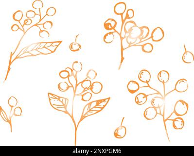 Vektorset von Hand, das wilde Pflanzen, Kräuter und Beeren in goldenen Farben malt, künstlerische botanische Illustration Stock Vektor