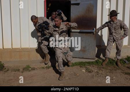 USA Marinekorps Rekruten bei der Hotel Company, 2. Rekruten-Ausbildungs-Bataillon, verlassen die Vertrauenskammer im Marinekorps-Basislager Pendleton, Kalifornien, 24. Januar 2023. Die Vertrauenskammer wird verwendet, um Rekruten zu Schulen, wie sie die M40-Gasmaske richtig verwenden und auf potenzielle chemische und biologische Bedrohungen reagieren. Stockfoto