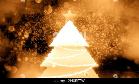 Blauer und orangefarbener Hintergrund mit elegantem Weihnachtsbaum. Bewegung. Eine kleine farbige Fichte mit Hintergrundbeleuchtung, die in Animation gefertigt wurde. Hohe Qualität 4K fo Stockfoto