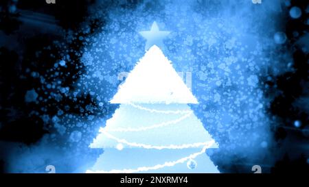 Blauer und orangefarbener Hintergrund mit elegantem Weihnachtsbaum. Bewegung. Eine kleine farbige Fichte mit Hintergrundbeleuchtung, die in Animation gefertigt wurde. Hohe Qualität 4K fo Stockfoto