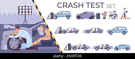 Menschen sammeln Daten während des Crashtests flache Komposition Set mit Dummies und zertrümmerten Autos isolierte Vektordarstellung Stock Vektor