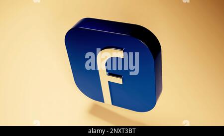 Grau-orangefarbener Hintergrund. Design. Facebook- und Instagram-Symbole, die in Computergrafiken erstellt wurden, drehen sich in einem Kreis. Nur zur redaktionellen Information verwenden. 4K von hoher Qualität Stockfoto