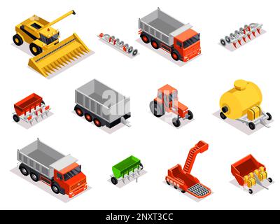 Isomerensatz aus Maschinen für Landwirtschaftstechnik mit isolierten Teilen von Mähdreschern, Lkw, Ladern, Planierschildern und Traktorvektoren Stock Vektor