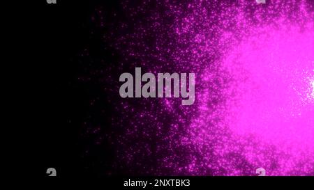 Dunkler Hintergrund. Bewegung. Ein fliegendes kleines Glitzern in 3D-Animation in lila und grüner Farbe. Hochwertige 4K-Aufnahmen Stockfoto