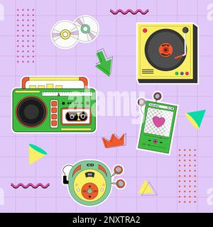 Kartenvorlage mit Retro-Geräten - Plattenspieler, Radio und Fernseher, Spieler mit Kopfhörern und Rollschuhen. Set mit 90s Aufklebern. Stock Vektor