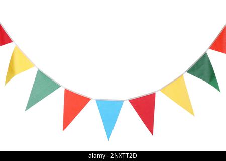 Bunting mit bunten dreieckigen Flaggen auf weißem Hintergrund. Festliche Einrichtung Stockfoto