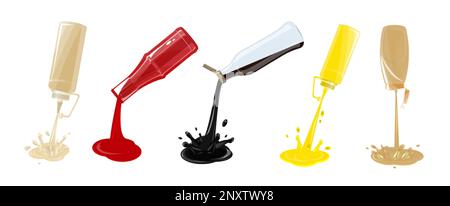 Soßen aus Kunststoff- und Glasflaschen, flaches Set mit Sojakäse, Mayonnaise, Ketchup, Senf, isolierte Vektordarstellung Stock Vektor