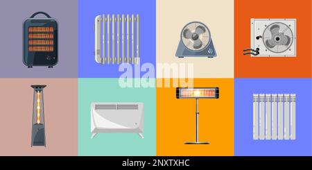 Heizungen in flacher Ausführung mit verschiedenen Haus- und Außenheizgeräten auf farblich hinterlegten isolierten Vektorbildern Stock Vektor