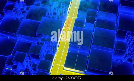 Futuristisches digitales Stadtplan-Layout mit Satelliten-GPS-Koordinatensuche und Zielverfolgung. Design. Schnittstelle des gps-Suchsystems Stockfoto