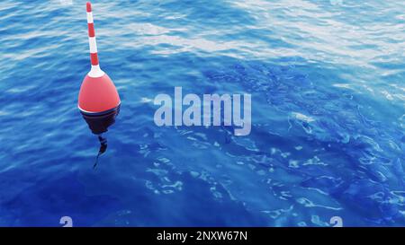 Der schwimmt auf Wellen über und unter Wasser. Design. Konzept des Angelhobbys, realistische Animation Stockfoto