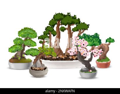 Realistische japanische Bonsai-Baumzusammensetzung mit blühender Sakura im Blumentopf-Vektorbild Stock Vektor