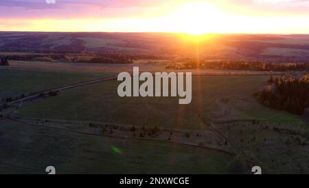 Panoramablick aus der Vogelperspektive auf den Bauernhof bei Sonnenuntergang. Clip. Die Drohne fliegt über landwirtschaftliches Grünfeld Stockfoto