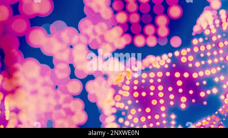 Blinkende, rosa Bokeh-Kreise auf einem blau gewellten Stoff. Design. Oberfläche verschwommener Partikel Stockfoto