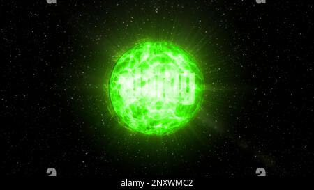 Schwarzer Hintergrund mit einem magischen Ball. Motion. Ein weißer und grüner magischer Ball mit Animation, die glänzt. Hochwertige 4K-Aufnahmen Stockfoto