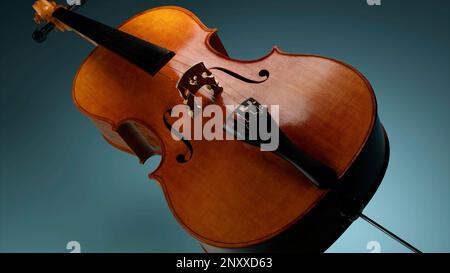 Digitales Kunstobjekt, realistische Geige, die sich dreht, während sie sich isoliert auf einem farbenfrohen Hintergrund bewegt. Design. Konzept von Kunst und Musik Stockfoto