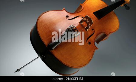 Digitales Kunstobjekt, realistische Geige, die sich dreht, während sie sich isoliert auf einem farbenfrohen Hintergrund bewegt. Design. Konzept von Kunst und Musik Stockfoto