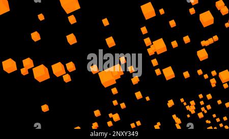 Beweglicher Fluss von pulsierenden 3D Quadraten. Design. Viele 3D Quadrate bewegen sich im Fluss. 3D Quadrate fliegen im Raum auf schwarzem Hintergrund. Stockfoto