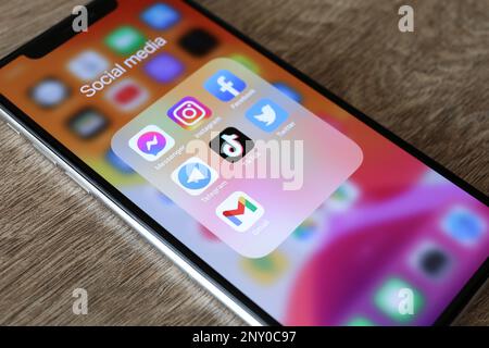 MYKOLAIV, UKRAINE - 09. AUGUST 2021: Smartphone mit Symbolen für Social-Media-Apps auf dem Bildschirm, Nahaufnahme Stockfoto