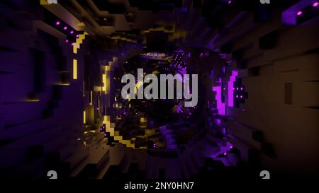 Lila Hintergrund. Design. Ein heller, geschlossener Korridor mit 3 d Quadraten, der sich dreht und abstrahiert. Hochwertige 4K-Aufnahmen Stockfoto