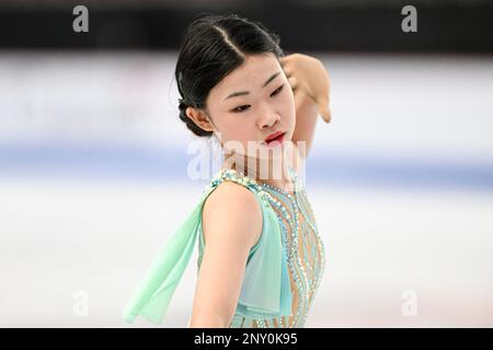 Xiangyi AN (CHN), während des Junior Women Short Program, bei der ISU World Junior Figure Skating Championships 2023, in der WinSport Arena, am 1. März 2023 in Calgary, Kanada. Kredit: Raniero Corbelletti/AFLO/Alamy Live News Stockfoto