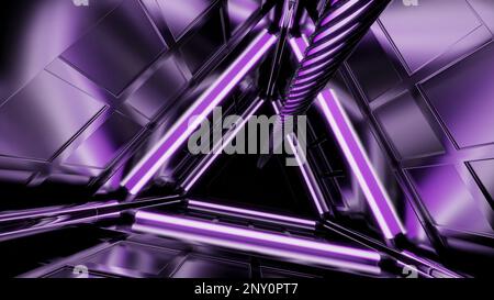 Hellvioletter dreieckiger Tunnel. Design. Leichte Animation mit einem dreieckigen Korridor, der sich abstrakt bewegt. Hochwertige 4K-Aufnahmen Stockfoto