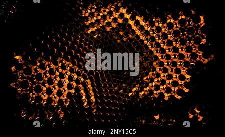 Orangefarbener und blauer beweglicher Hintergrund. Design. Ein schwarzer Hintergrund mit einem großen orangefarbenen und türkisfarbenen Mosaik, das glänzt und wütet, unterscheidet sich Stockfoto