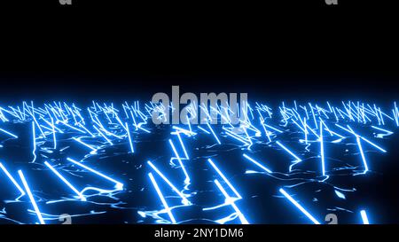 Schwarzer Hintergrund mit beleuchteten Lasern. Design.Animation mit orangefarbenen und blauen kleinen Regalen, die nebeneinander angeordnet sind. 4K foo von hoher Qualität Stockfoto