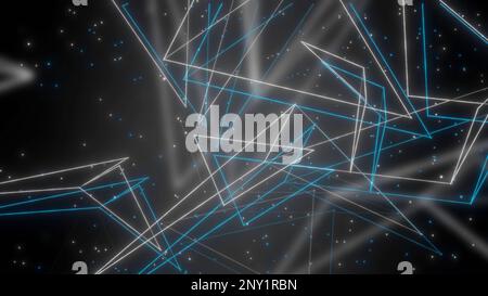 Grauer Hintergrund. Bewegung. Fliegende weiße und blaue Linien, verbunden in Abstraktion und beleuchtete Sterne rundherum. Hochwertige 4K-Aufnahmen Stockfoto