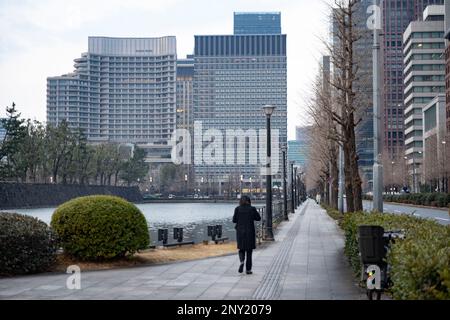 Tokio, Japan. 8. Februar 2023. Wadakura Mote (å'Œç‘°å€ æ¿ ) außerhalb des Tokyo Imperial Palace Outer Gardens mit Blick auf das Geschäftsviertel Marunouchi an einem Winterabend. Die Regierung Kishida wird angesichts der wirtschaftlichen Kämpfe Japans mit einer sinkenden Geburtenrate eine neue Einwanderungs- und Bevölkerungspolitik aufzeigen. (Kreditbild: © Taidgh Barron/ZUMA Press Wire) NUR REDAKTIONELLE VERWENDUNG! Nicht für den kommerziellen GEBRAUCH! Stockfoto