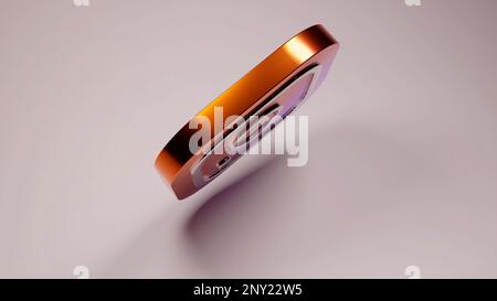 Grau-orangefarbener Hintergrund. Design. Facebook- und Instagram-Symbole, die in Computergrafiken erstellt wurden, drehen sich in einem Kreis. Nur zur redaktionellen Information verwenden. 4K von hoher Qualität Stockfoto