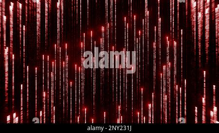 Rote und violette Lichtstrahlen. Design. Ein schwarzer Hintergrund, auf dem sich Feuerwerkskörper verteilen und in 3D in verschiedenen Farben beleuchtet werden. Hohe Qualität 4K fo Stockfoto