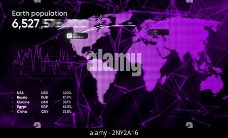 Gelber und violetter Hintergrund. Motion.Ein Diagramm der Bevölkerung des Planeten, das schnell wächst und die Anzahl der Menschen in allen Regionen i zeigt Stockfoto