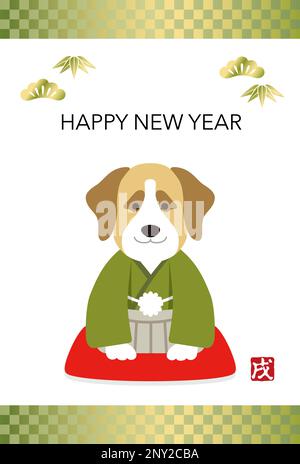 "Jahr des Hundes"-Überträger-Neujahrskarte, mit einem Hund, der formelle japanische Kimonos trägt Stock Vektor