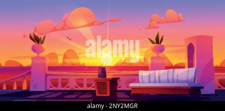 Blick von der Hotelterrasse bei Sonnenaufgang auf das Meerwasser. Vektor-Cartoon-Illustration der wunderschönen abendlichen Meereslandschaft, Möwen fliegen im orangefarbenen Himmel, hölzernes Cou Stock Vektor
