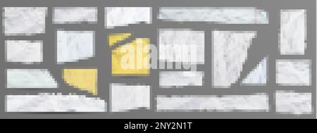 Satz zerrissener und zerknitterter Papierreste, isoliert auf grauem Hintergrund. Realistische Vektordarstellung weiße und gelbe Stücke von zerrissenem Notizbuch, Tagebuch, sc Stock Vektor