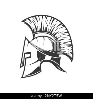 Helm des spartanischen Gladiators, römischer oder griechischer Krieger Ritter, Vektormaske Wappen Symbol. Trojanischer Spartacus, Titan oder Athena Schildhelm, Spartan Centurion und Gladiator oder römische Krieger Rüstung Stock Vektor