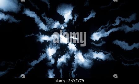 Fluoreszierende blaue Tinte oder rauchbildender Stern auf schwarzem Hintergrund isoliert. Bewegung. Rauch über den Bildschirm streuen Stockfoto