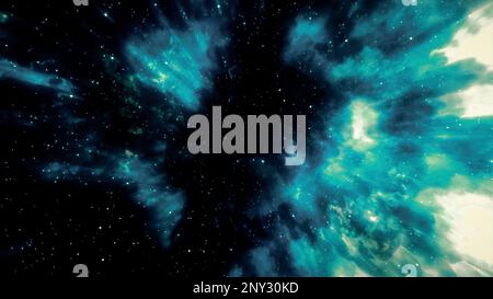 Abstrakte farbenfrohe aurora Borealis auf schwarzem Nachthimmel. Bewegung. Energiegeladene Polarlichter, Himmel mit funkelnden Sternen, Kosmos-Bewegung-Backgrou Stockfoto