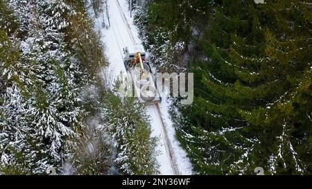 Tagsüber. Clip. Eine Ansicht aus der Höhe eines fahrenden Lkws auf einer Waldautobahn mit einer Last hinten. Hochwertige FullHD-Aufnahmen Stockfoto