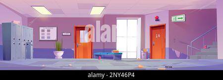 Schulflur mit Klassentüren, Schließfächern, Treppe und Fenster. Leerer, dreckiger Universitäts- oder College-Flur mit Chaos und Müll auf dem Boden, Vektorgrafik Stock Vektor