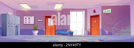 Schulflur mit Klassentüren, Schließfächern, Treppe und Fenster. Leerer, dreckiger Universitäts- oder College-Flur mit Chaos und Müll auf dem Boden, Vektorgrafik Stock Vektor