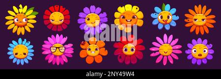 Farbenfrohe Figuren aus Cartoon-Blumen mit unterschiedlichen Emotionen, isoliert im Hintergrund. Vektordarstellung der süßen Gänseblümchen Emoji, glücklich, lächelnd, ernst, traurig, Überrascht, verrückt, blinzelnde Gesichter Stock Vektor