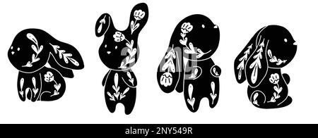 Ein Vektorset einfarbiger, niedlicher Kaninchen. Kollektion mit Clip Arts schwarze Silhouette von Hasen mit Blumenmuster. Folk Art Bunny für Logo, Stock Vektor