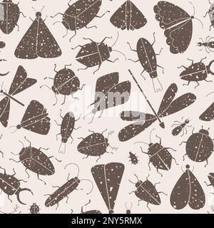 Grunge-Vektor-Nahtloses Muster mit klassischer Insekten-Silhouette. Motte, Schmetterling, Libelle, Ameise, Marienkäfer. Stock Vektor
