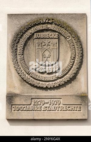 Wappen der Stadt, altes Rathaus, Luebbecke, Minden-Luebbecke, Minden, Ostwestfalen-Lippe, Nordrhein-Westfalen, Deutschland Stockfoto