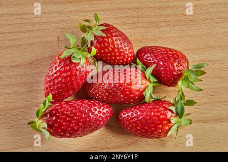 Frisch ausgewählte Erdbeeren, gestapelt auf einer Rutsche auf Holzhintergrund. Flach verlegt. Stockfoto